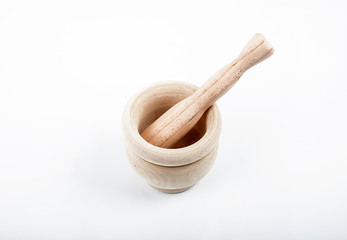 Wooden mortar on white background. Isolated.