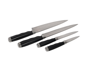 Set of steel kitchen knives isolated over white background