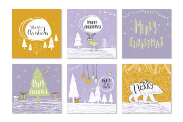 Set of 6 cute Christmas gift cards with quote Merry Christmas, merry and bright, warm wishes, magic moments. Easy editable template. Vector.