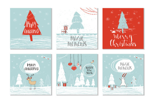 Set of 6 cute Christmas gift cards with quote Merry Christmas, merry and bright, warm wishes, magic moments. Easy editable template. Vector.