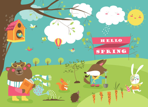 Cute Animals In Spring Forest