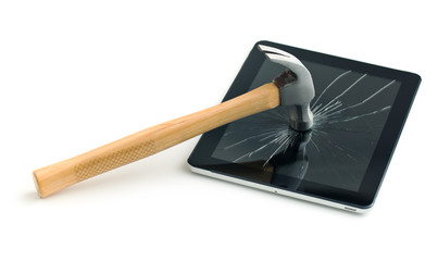 Tablet screen broken with a hammer.