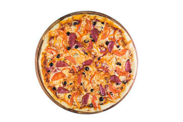 Pizza on light wooden background top view.