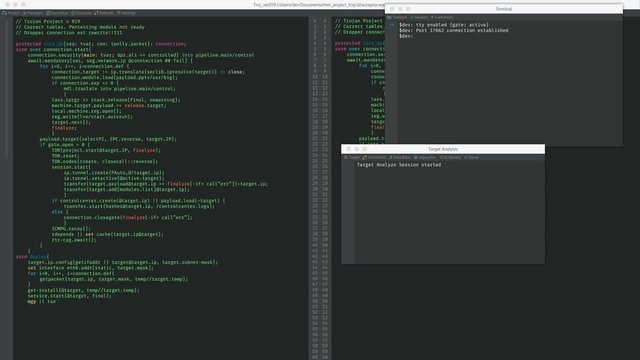 Hacking process on screen, strings of programming code running on display, theft. Computer screen with hacking in progress, professional cyber attack
