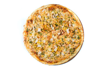 Pizza on light wooden background top view.