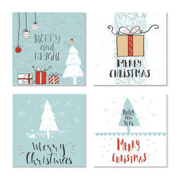 Set of 4 cute Christmas gift cards with quote Merry Christmas, merry and bright, warm wishes, magic moments. Easy editable template. Vector.