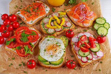 Variety of vegetarian toast sandwiches with salmon, raddish, tomatoes, cucumber, avocado,fried egg and sweet pepper