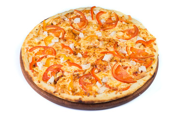 Pizza on light wooden background top view.