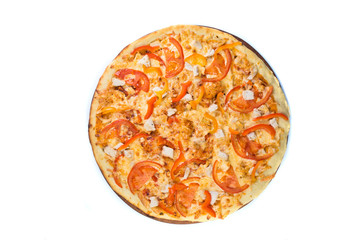 Pizza on light wooden background top view.