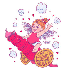 Valentine's day. Funny Cupid-girl riding on a cannon firing hearts.