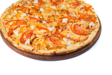 Pizza on light wooden background top view.