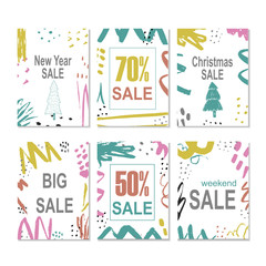 Set of 6 creative sale holiday website banner templates. Christmas and New Year hand drawn illustrations for social media banners, posters, email and newsletter designs, ads, promotional material.
