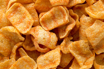 Delicious potato chips closeup becon meat.