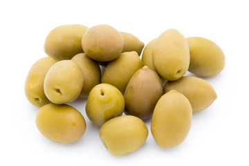 Green big olives on the white background.