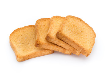 Slices of toast bread on wooden table, top view.