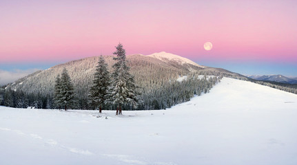 frosty sunrise in the Carpathian mountains