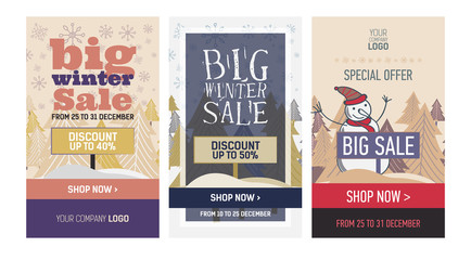Set web Banner winter sale, discount with tree, snowman and snowflakes