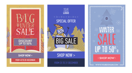 Fototapeta na wymiar Set web Banner winter sale, special offer with tree, snowman and snowflakes