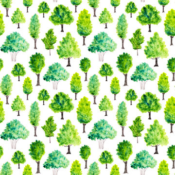 Seamless pattern with watercolor green trees. Nature background