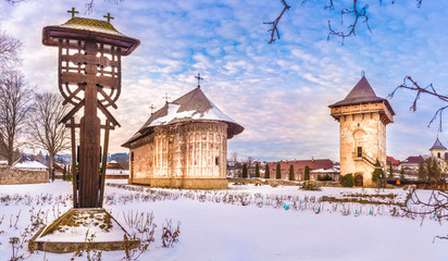 Gura Humorului monastery, christian orthodox church in winter season, Moldavia, Bucovina, Romania