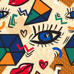 Gordijnen Abstracte naadloze patroon met geometrische elementen en gestileerde ogen en lippen. Geïnspireerd door de designstijl Memphis en pop-art stijl. Trendy textuur in retro-stijl jaren 80 en 90. Vector illustratie. © olga_zaripova