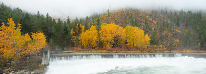 Panorama view of Leavenworth in Autumn with Tumwater river