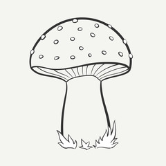 Cartoon black and white hand-drawn image of a spotted mushroom. Vector graphics.