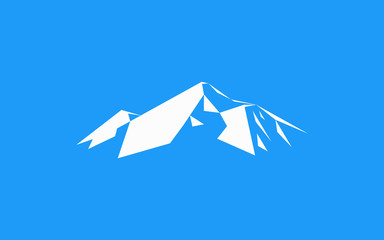 Snow mountains peak (Everest) logo. Can be used as sports badge, emblem of mineral water, tourism banner, travel icon, sign, decor... Blue background.