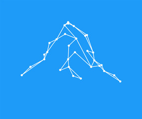 Mountains peak (Matterhorn) logo. Lines and points. Can be used as sports badge, emblem of mineral water, tourism banner, travel icon, sign... Blue background.