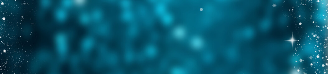 Glitter sparkling abstract blue bokeh defocused background. The white snow against the blue sky, border design panoramic banner 
