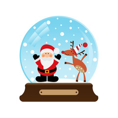 Vector illustration of a snow globe with Santa Claus and deer