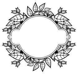 Round black and white label with abstract decorative flowers. Copy space. 