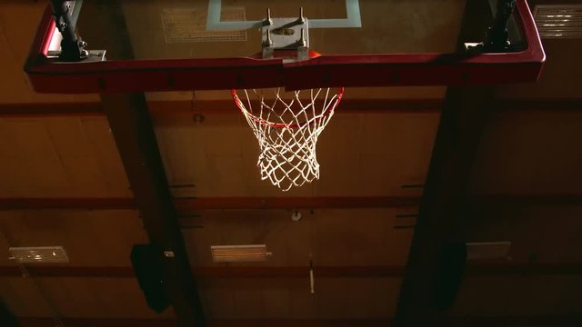 View from under the hoop as basketball players make slam dunks