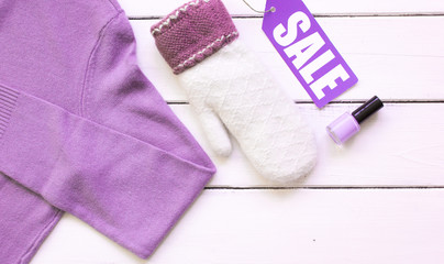 concept holiday sales of clothes and textiles top view