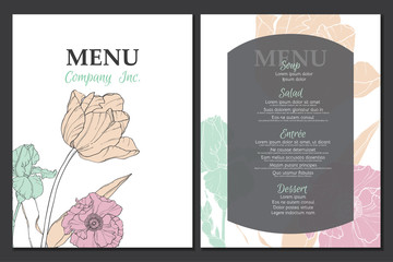 Vector menu template design with vintage floral elements tulip, poppy, daffodil. Great for restaurant, cafe, bar, wedding.
