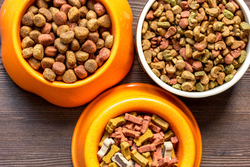 dry dog food in bowl on wooden background top view