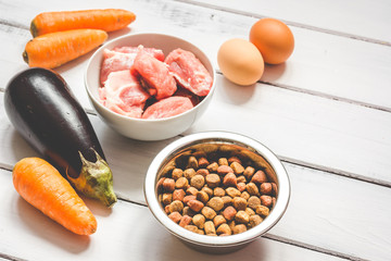ingredients for pet food natural on wooden background