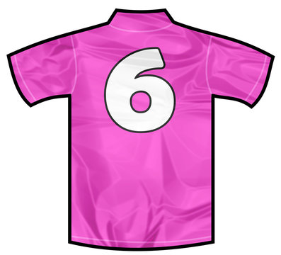 Number 6 six pink sport shirt as a soccer,hockey,basket,rugby, baseball, volley or football team t-shirt. For the goalkeeper or woman player