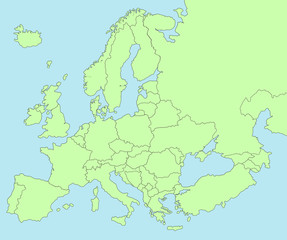 Colorful map of Europe on blue sea background.