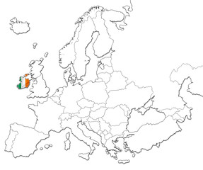 The national Ireland flag in the map of Europe isolated on white background.