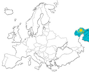 The national Kazakhstan flag in the map of Europe isolated on white background.