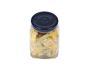 Food of love, marinated artichokes in jar isolated on white background