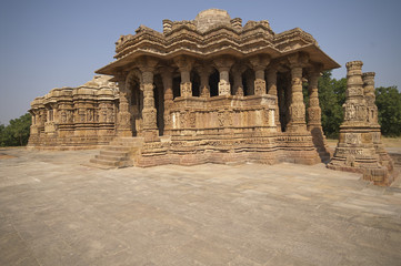 Ornately carved stonework decorating the Sun Temple at Modhera. Ancient Hindu temple built circa 1027. Gujarat, India.