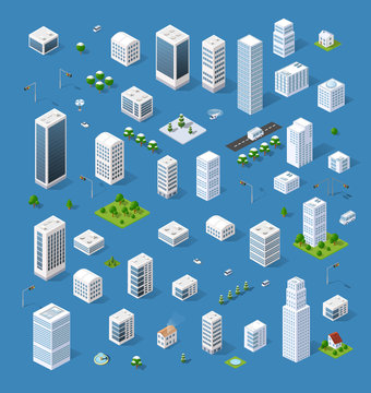 Isometric set 3D city three-dimensional town quarter. Skyscrapers, apartment, office, houses and streets with urban traffic movement of the car with trees and nature