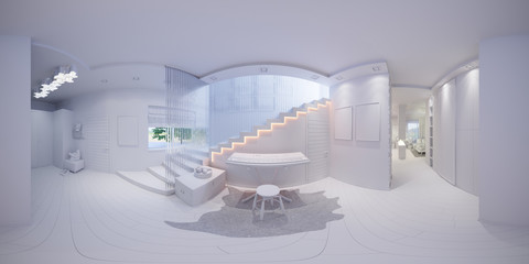 3d illustration spherical 360 degrees, seamless panorama of staircase hall interior design. 