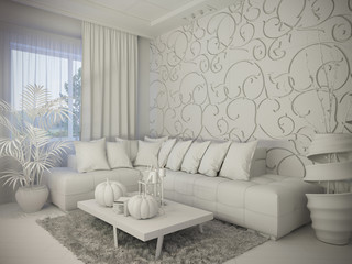  3d illustration of interior design living room in a minimalist style and is decorated for Halloween