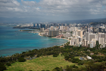 Aerial view over Kapiolani Park an Waikiki Beach as seen from the top of Diamond Head Crater