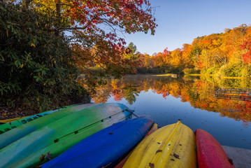 Beached kayaks, Price lake, Blue Ridge Mountains, North Carolina