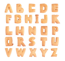 Set of tasty cookies letters on white background