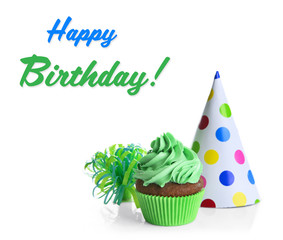 Cupcake with party hat and text HAPPY BIRTHDAY on white background